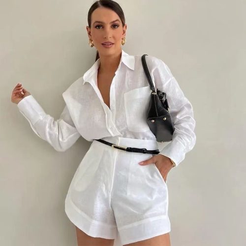 Casual Solid Color Long Sleeve Shirt & Shorts Two-Piece Set (A1342)