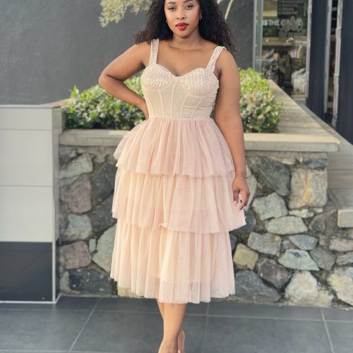 Off Shoulder Bustier Sheer Corset Layered Tulle Cocktail Midi Dress (Q-18554)