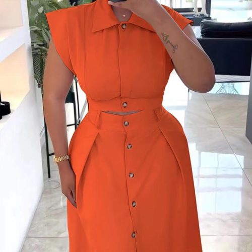 Woman's Sleeveless Buttoned Shirt & Skirt Set (C3896)