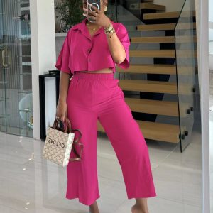 Woman's Short Sleeve Crop Top & Pant Set (C5118) - Image 3