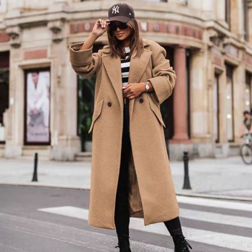 Women's Long Pea Coat Notched Lapel Collar Double Coat (C3850)