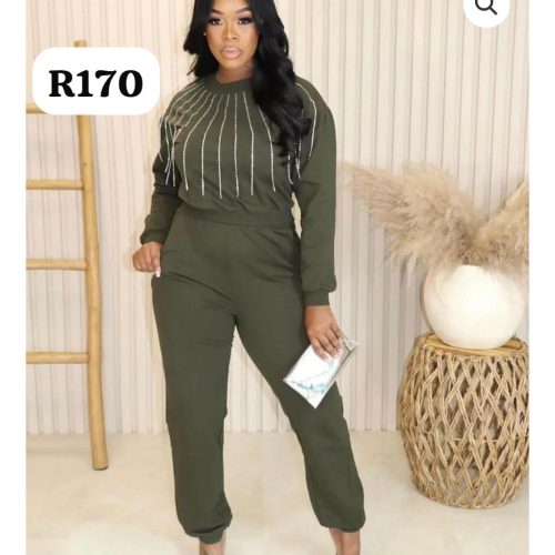 Casual Solid Color High Waist Pants with Glitter Top Set (A1032)