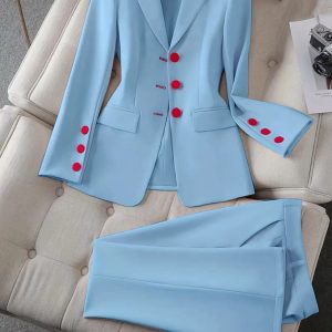 Women's Solid Color Minimalist Everyday Long Sleeve Blazer Jacket & Pants Set (C3894) - Image 2
