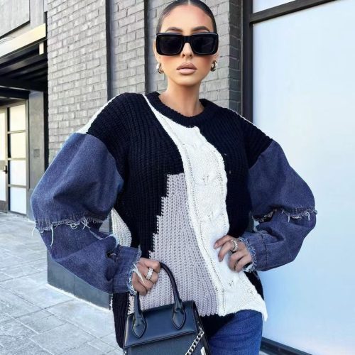 Women's Sweaters Denim Sleeve Color Block Crewneck Pullover Knit Tops (T5910)