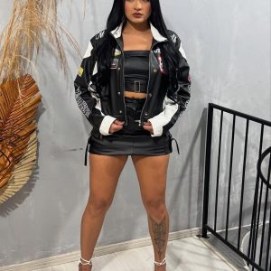 Unisex Letter Embroidery Motorcycle Cropped Jacket (B-2899) - Image 2