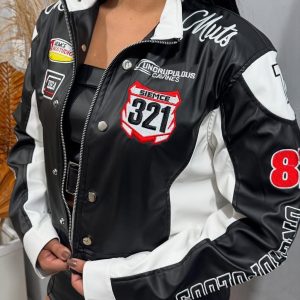 Unisex Letter Embroidery Motorcycle Cropped Jacket (B-2899) - Image 3