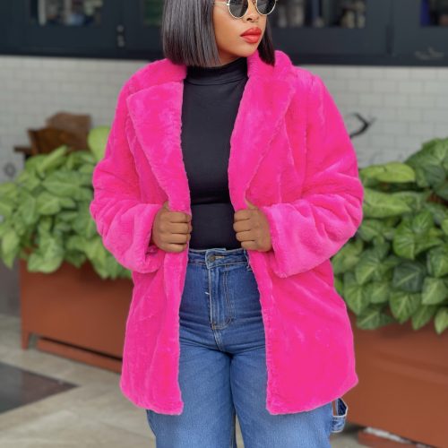 Woman's Lapel Neck Drop Shoulder Fuzzy Coat (C7458)