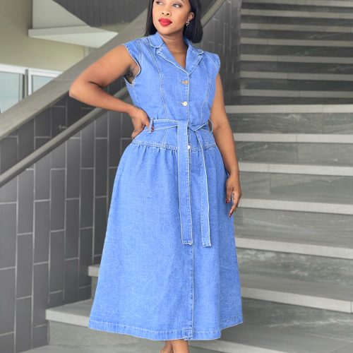 Denim Sleeveless Button Through  Maxi Dress (Q-19946)