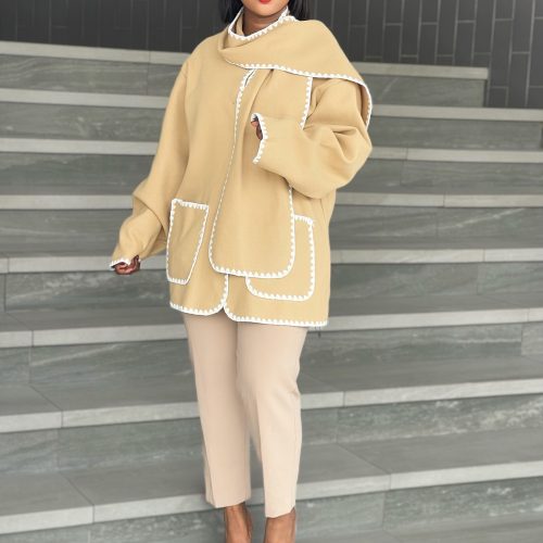 Woman's Contrast Stitch Jacket With Scarf (A1053)