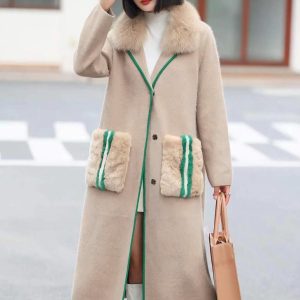 Women Genuine Fox Fur Collar Sleeve Coat (C3840)