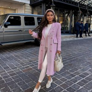 Sweet Plaid Print Double Breasted Long Coat (C4391)