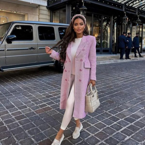 Sweet Plaid Print Double Breasted Long Coat (C4391)