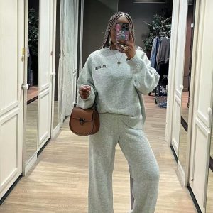 O-Neck Blouse Drawstring Wide Leg Long Pants Sweater Sets (YB0042) - Image 5