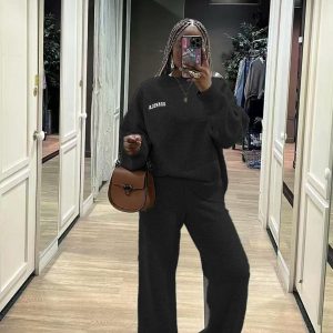 O-Neck Blouse Drawstring Wide Leg Long Pants Sweater Sets (YB0042) - Image 4