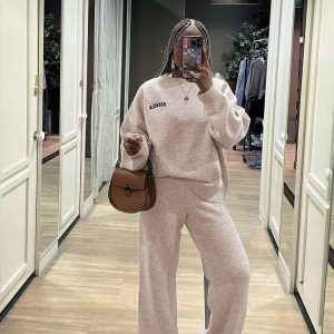 O-Neck Blouse Drawstring Wide Leg Long Pants Sweater Sets (YB0042) - Image 3