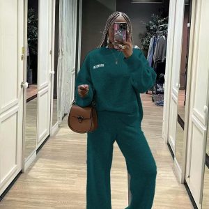 O-Neck Blouse Drawstring Wide Leg Long Pants Sweater Sets