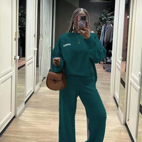 O-Neck Blouse Drawstring Wide Leg Long Pants Sweater Sets (YB0042)