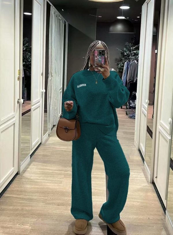O-Neck Blouse Drawstring Wide Leg Long Pants Sweater Sets (YB0042)