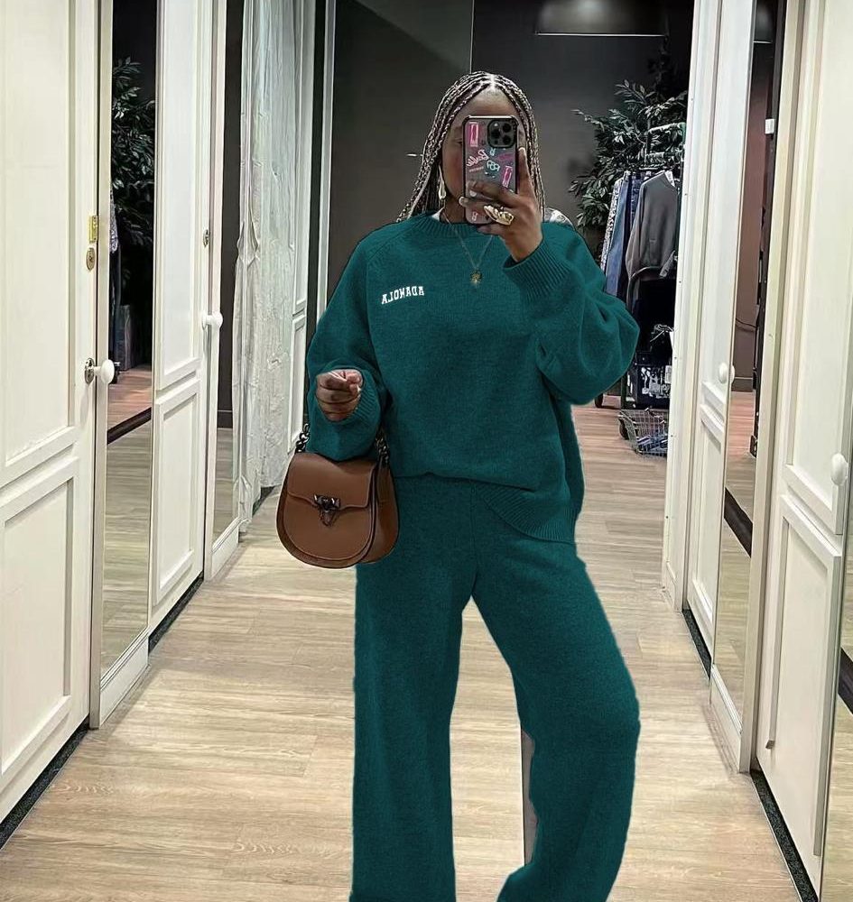 O-Neck Blouse Drawstring Wide Leg Long Pants Sweater Sets (YB0042)