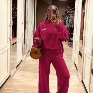 O-Neck Blouse Drawstring Wide Leg Long Pants Sweater Sets (YB0042) - Image 2