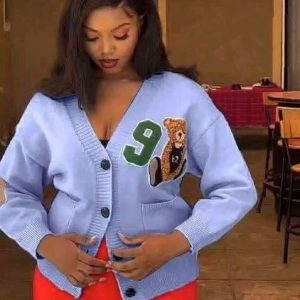 V-Neck Bear Embroidered Oversized Cardigan (YB0036) - Image 5