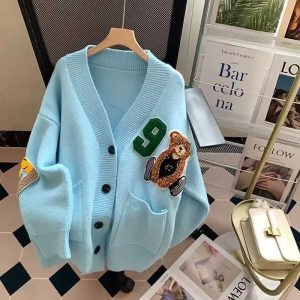 V-Neck Bear Embroidered Oversized Cardigan (YB0036) - Image 2