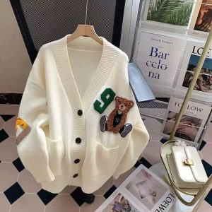 V-Neck Bear Embroidered Oversized Cardigan