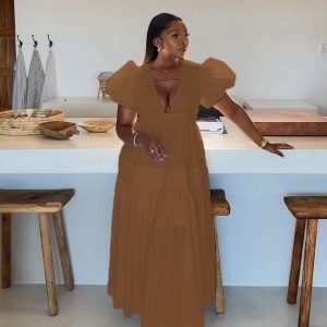 Elegant Bubble Sleeve Pleated Maxi Dress (C749) - Image 2
