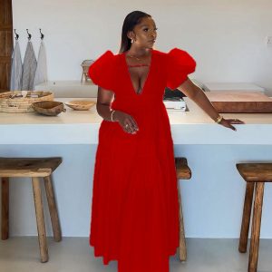 Elegant Bubble Sleeve Pleated Maxi Dress (C749)