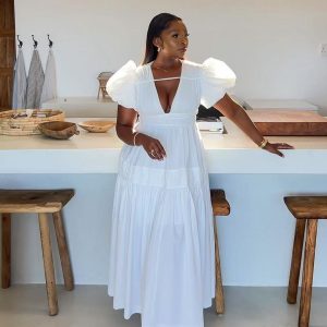 Elegant Bubble Sleeve Pleated Maxi Dress (C749) - Image 3