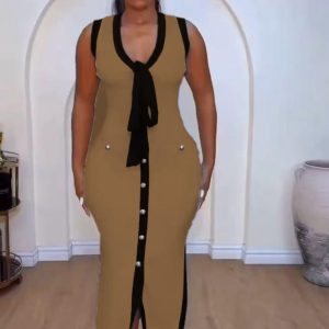 Elegant V Neck Patchwork Knitted Long Dress (YB21009) - Image 3
