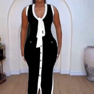 Elegant V Neck Patchwork Knitted Long Dress (YB21009) - Image 2