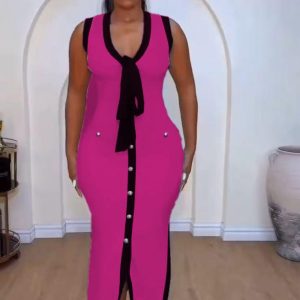 Elegant V Neck Patchwork Knitted Long Dress (YB21009) - Image 4
