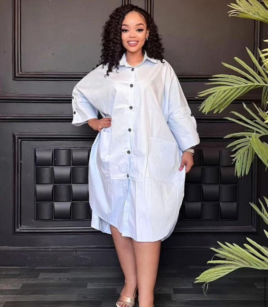 Oversized Button-Up Shirt Dress (B31863)