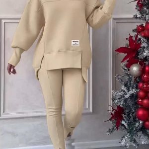 Women's Hoodie Sweatshirt  Loose Irregular Top & Leggings Pant Set (C5818) - Image 3