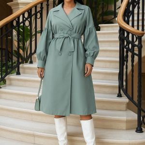 Solid Double Breasted Belted Trench Coat (C4368) - Image 2