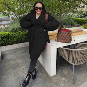 Solid Double Breasted Belted Trench Coat (C4368) - Image 4