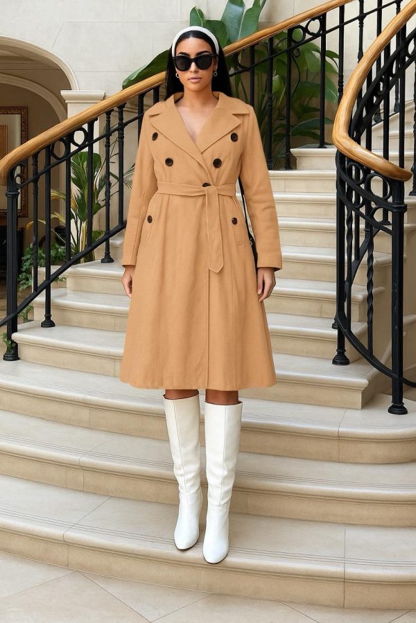 Women's Solid Color Notched Collar Double Breasted Casual Long Coat (C4375)