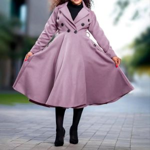 Women's Solid Color Notched Collar Double Breasted Casual Long Coat (C4375) - Image 2