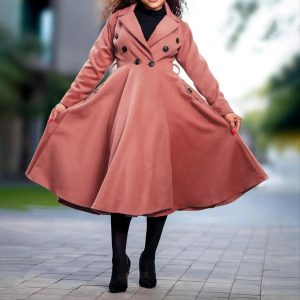 Women's Solid Color Notched Collar Double Breasted Casual Long Coat (C4375) - Image 5