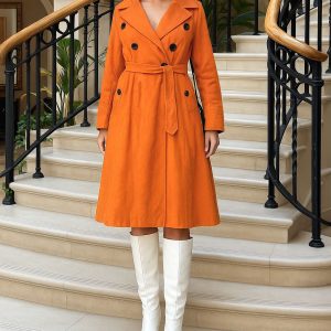 Women's Solid Color Notched Collar Double Breasted Casual Long Coat (C4375) - Image 3