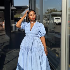 Elegant Bubble Sleeve Pleated Maxi Dress (C749)