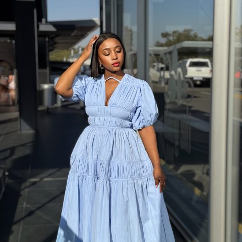 Elegant Bubble Sleeve Pleated Maxi Dress (C749)