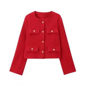 Woman Elegant Button Long Sleeve Cropped Tweed Jacket (A1398) - Image 4