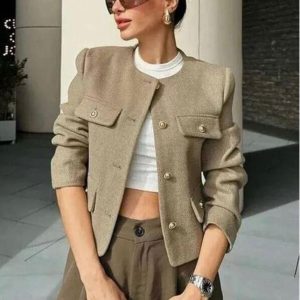 Woman Elegant Button Long Sleeve Cropped Tweed Jacket (A1398) - Image 5