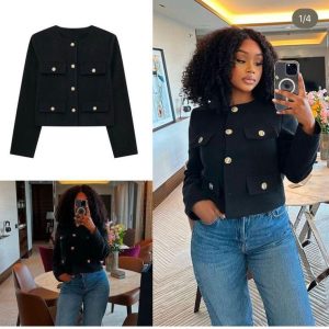 Woman Elegant Button Long Sleeve Cropped Tweed Jacket (A1398) - Image 2