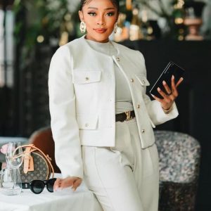 Woman Elegant Button Long Sleeve Cropped Tweed Jacket (A1398)