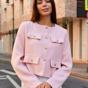 Woman Elegant Button Long Sleeve Cropped Tweed Jacket (A1398) - Image 3